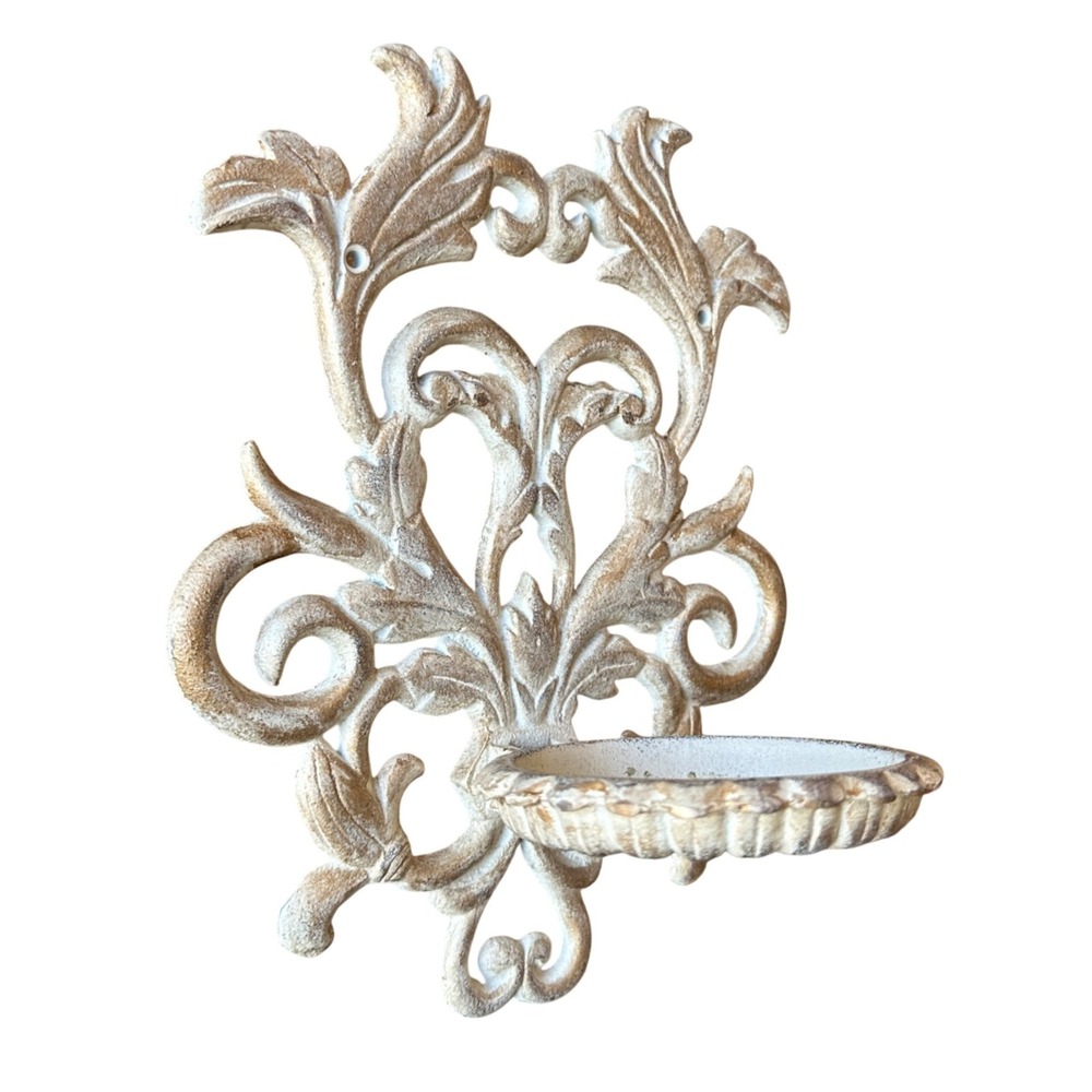 Vintage Ornate Cast Iron Wall Sconce Candle Holder Shabby Chic White Gold Metal